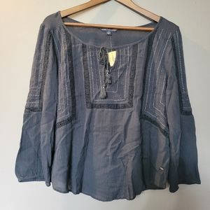 American Eagle Outfitters Blue Crochet Peasant Blouse Boho Womens Size S NWT